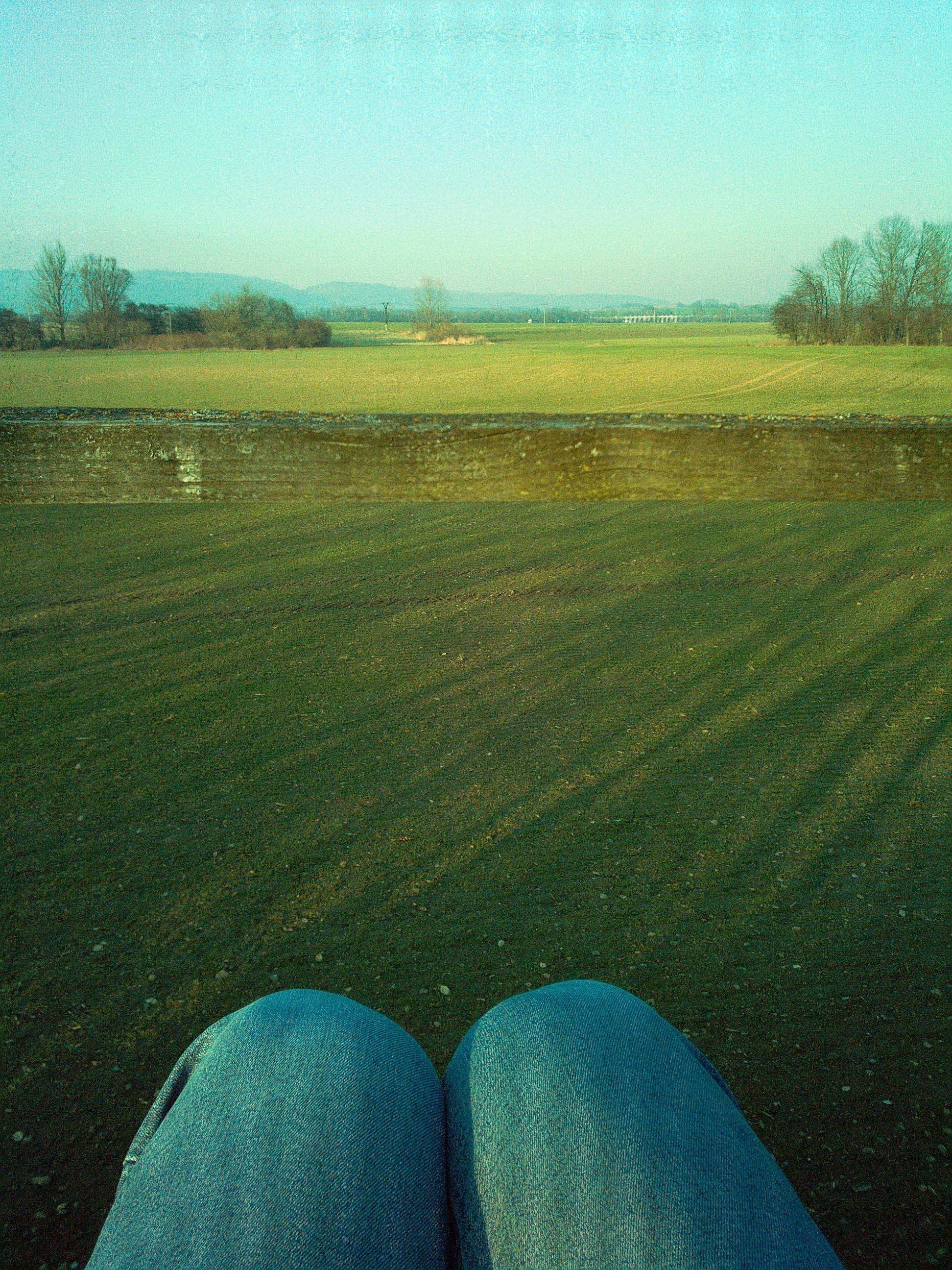 My legs clad in blue jeans are visible, dangling from a car (car not visible) looking out over a green field with scattered shadows. In the distance, a line of bare trees against a clear sky and distant hills provide a backdrop. There is some kind of visual glitch, creating a horizontal line in the top third of the image.