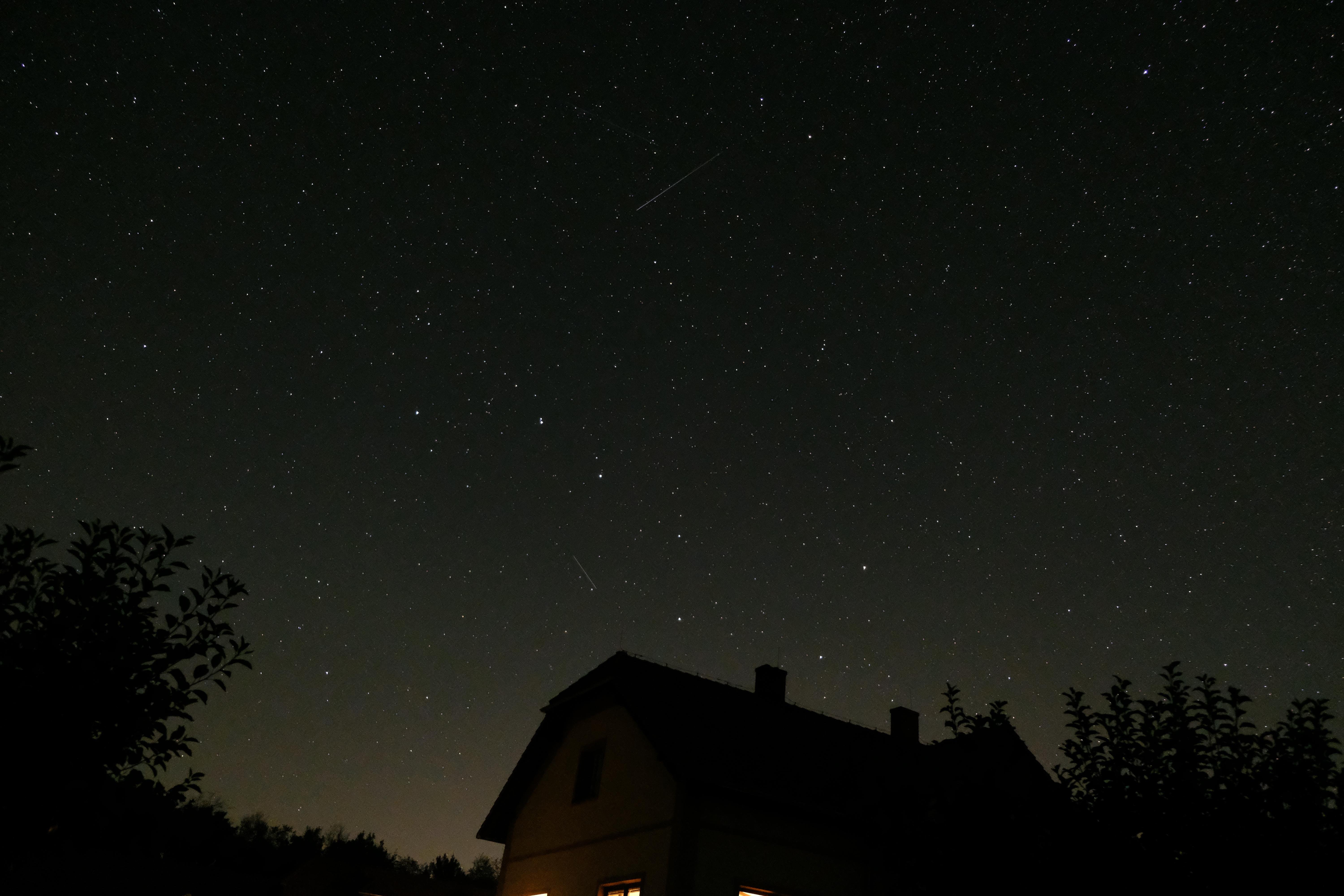 Night sky filled with stars, featuring visible streaks of meteor trails over a silhouette of a house with illuminated windows, surrounded by dark outlines of trees.